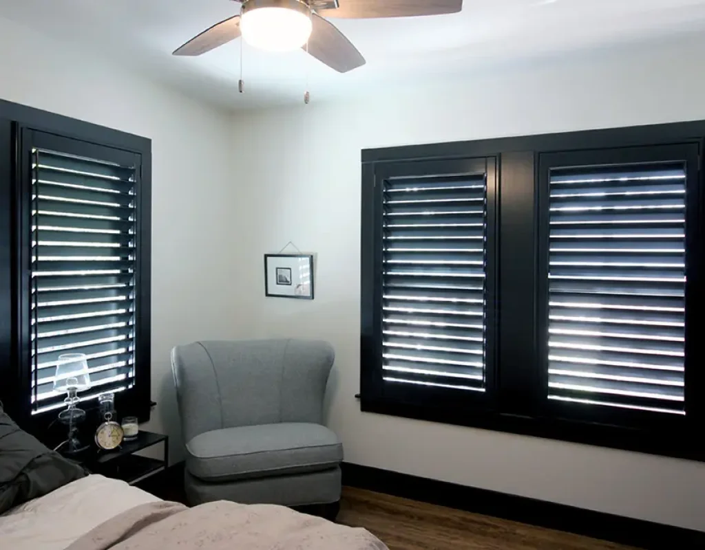 Modern plantation shutters installed in a Los Angeles County living room